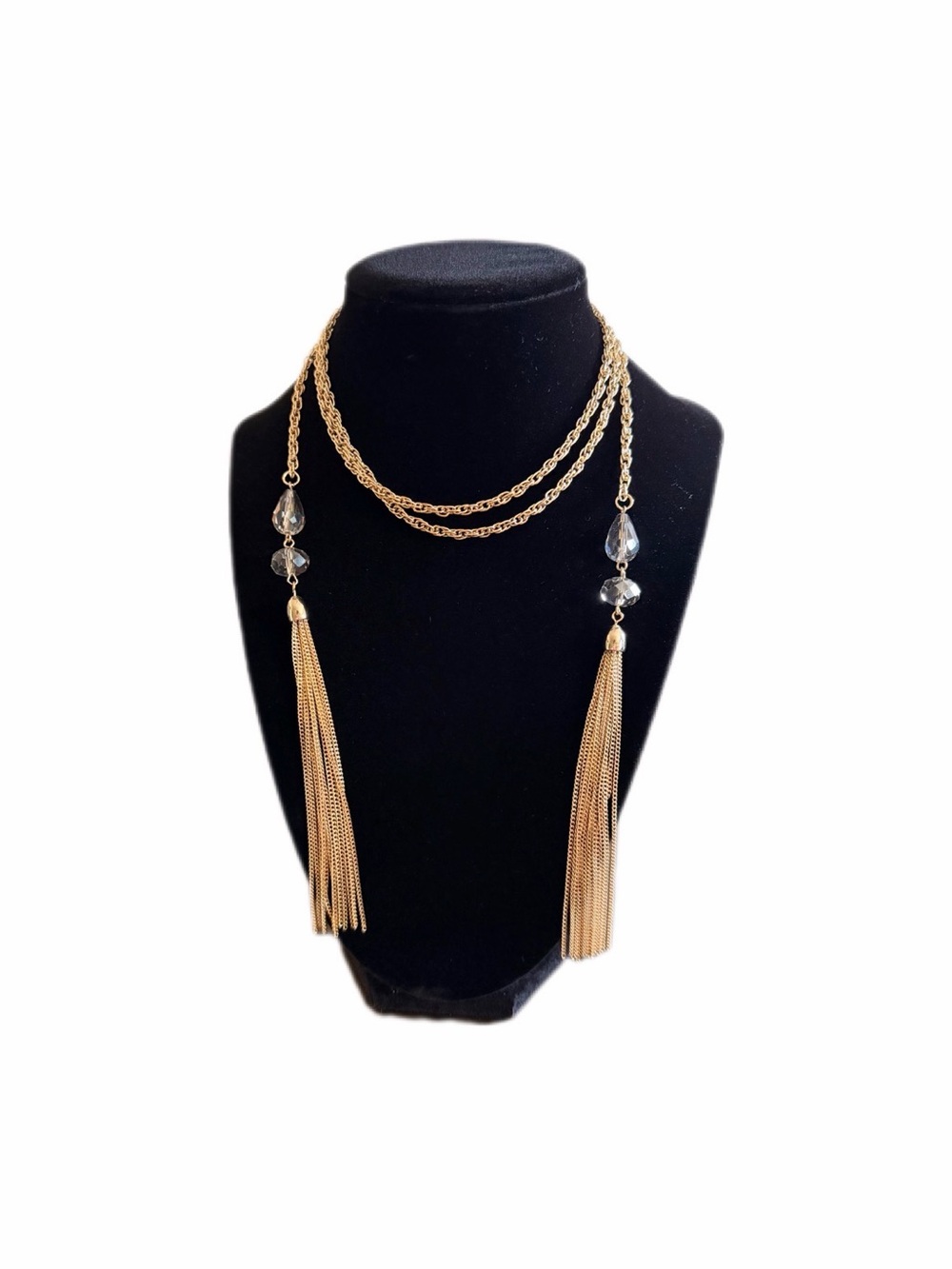 Gold Tassel Multi-Chain Necklace with Crystal Accents